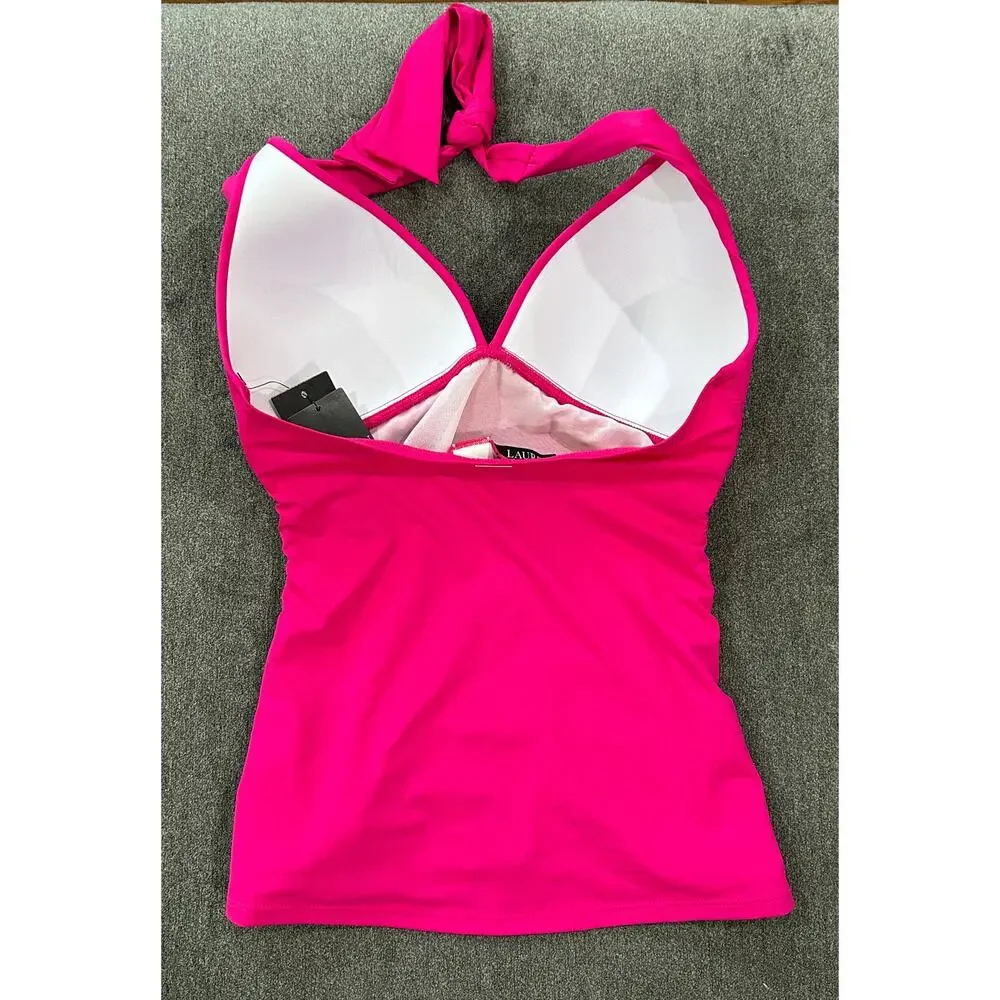 Ralph Lauren Beach Club Solid Molded Cup Halter Tankini Top Hot Pink Size 4 NWT